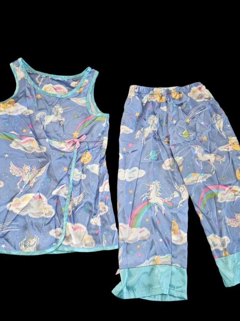 Y2K Nick & Nora Girls Unicorn Pajama Set 2 Piece‎ Sz 4/5 Satin VTG Blue Rainbow